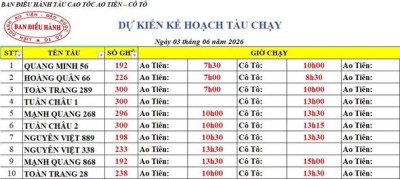 Lịch tàu cao tốc Ao Tiên - Cô Tô 3/6/2026