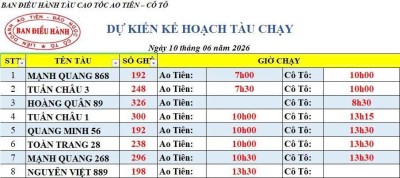 Lịch tàu cao tốc Ao Tiên - Cô Tô 10/6/2026