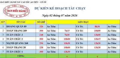 Lịch chạy tàu Ao Tiên - Cô Tô 2/7/2026