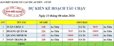 Lịch chạy tàu Ao Tiên - Cô Tô 13/8/2026