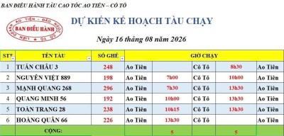 Lịch chạy tàu Ao Tiên - Cô Tô 16/8/2026