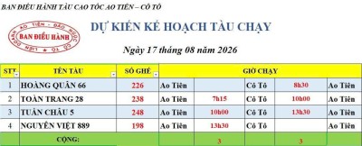 Lịch chạy tàu Ao Tiên - Cô Tô 17/8/2026