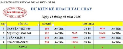 Lịch chạy tàu Ao Tiên - Cô Tô 18/8/2026