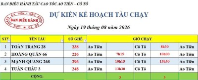 Lịch chạy tàu Ao Tiên - Cô Tô 19/8/2026
