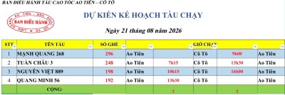 Lịch chạy tàu Ao Tiên - Cô Tô 21/8/2026