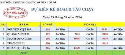 Lịch chạy tàu Ao Tiên - Cô Tô 9/8/2026